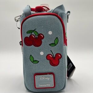 Loungefly Light Blue Denim Cherry Crossbody Bag with Red Accents